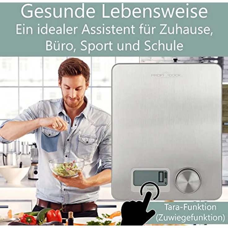 ProfiCook® Küchenwaage ohne Batterien | Küchenwaage digital mit kinetischer Energie | Waage mit Messbereich von 1g - 5kg und großem Display | mit Tara-Funktion und versch. Messeinheiten – PC-KW 1263 – Bild 4