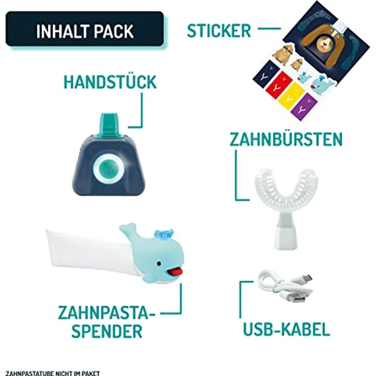 Y-Brush - Elektrische Zahnbürste – Y-Bürste – 3 Monate Laufzeit – Kinder NylonStart Pack (4-12 Jahre) - Zahnpasta-Spender Blauwal-Applikator – Bild 2