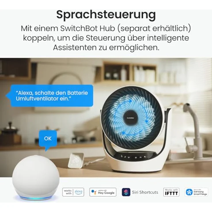 SwitchBot USB Tischventilator, leistungsstarker 24 dB leiser Batterie-Umluftventilator mit 4 Modi und 9-Std-Timer, kompatibel mit Alexa/Google/Siri (Hub erforderlich) – Bild 2