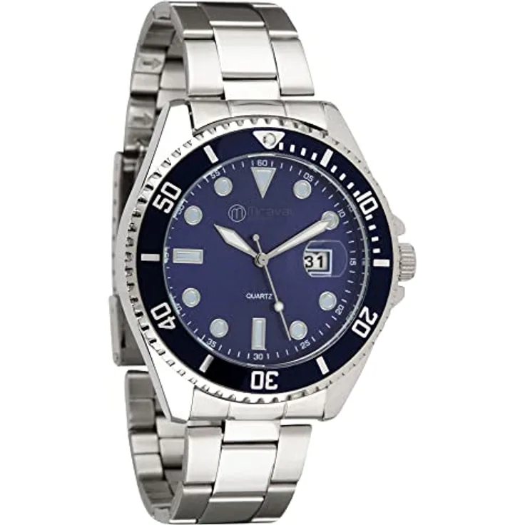 Miraval Herrenarmbanduhr mit Edelstahlarmband 43 mm Datumsanzeige Lupe Japanisches Quarzuhrwerk 21 mm breit Klassisch Modern Männer Schwarz (Blau) - Preisvergleich
