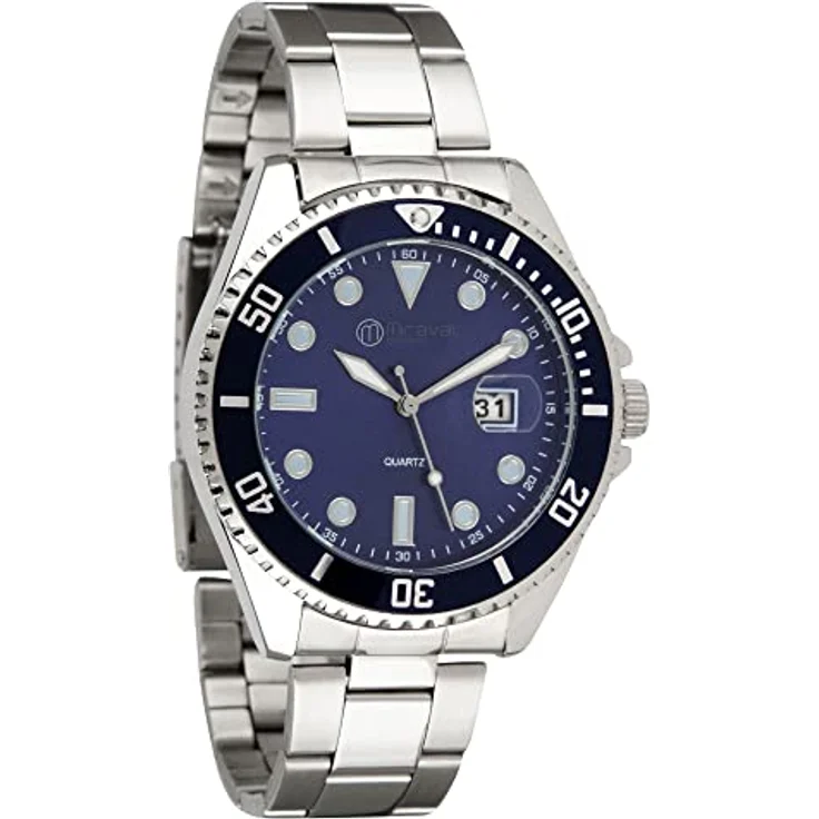 Miraval Herrenarmbanduhr mit Edelstahlarmband 43 mm Datumsanzeige Lupe Japanisches Quarzuhrwerk 21 mm breit Klassisch Modern Männer Schwarz (Blau) – Bild 1