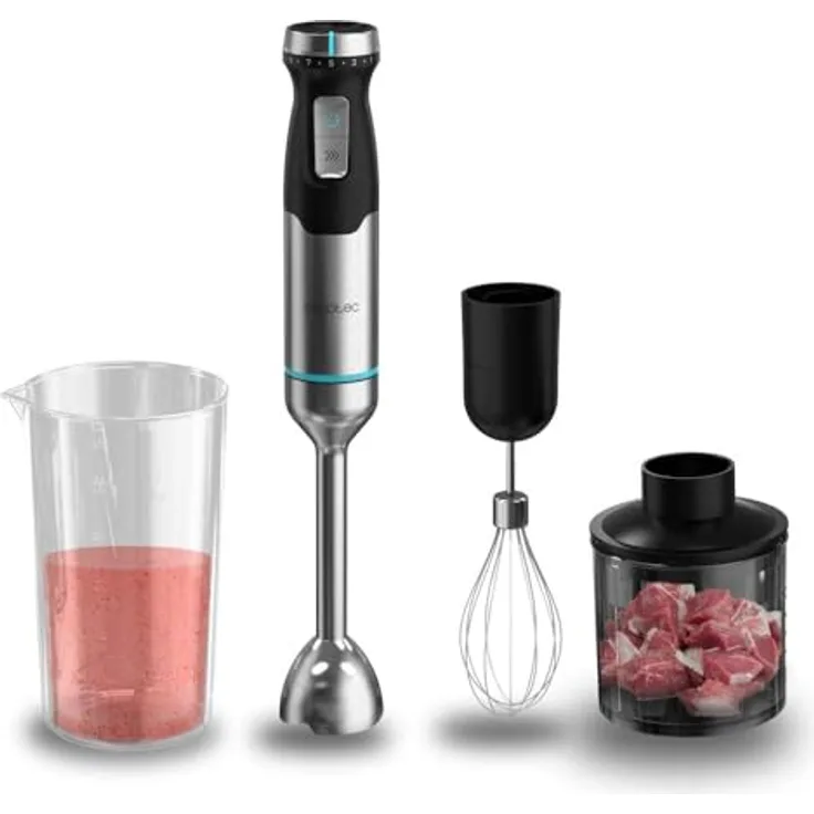 Cecotec Handmixer Power Pulsar 2300MAX, 2300W, 4 Edelstahlklingen, XL-Fuß, 700 ml BPA-freier Becher mit Deckel, Zerkleinerer und Schneebesen