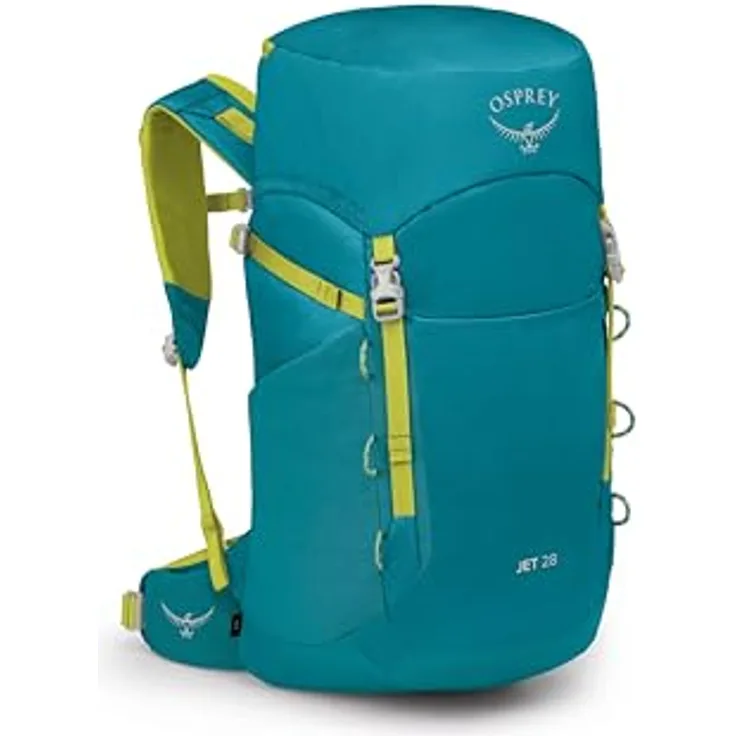 Osprey Jet 28 Blue Spikemoss OS, Rucksack mit verstellbarer Rückenlänge und elastischen Mesh-Seitenfächern