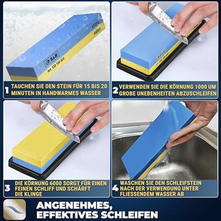S&R Doppelseitiger Schleifstein, 18 x 6 x 3 cm, Körnung 1000/6000, inkl. Schleifhilfe und rutschfestem Silikon-Halter – Bild 5
