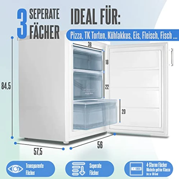 HEINRICHS Gefrierschrank, Freezer, 3x Gefrierschublade, Stufenloser Temperaturregler,Airflow, wechselbarer Türanschlag, 85 Liter Nutzinhalt, Temperatur:-18°C~-38°C, Heinrich´s (weiß) – Bild 3