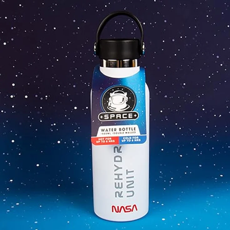 Fizz Creations NASA Wasserflasche, 500 ml Fassungsvermögen, Metall, doppelwandige Heiß- oder Kaltgetränkeflasche. Hält Temperatur für bis zu 8 Stunden. NASA SPACE inspirierte Rehydrationseinheit, silber – Bild 2