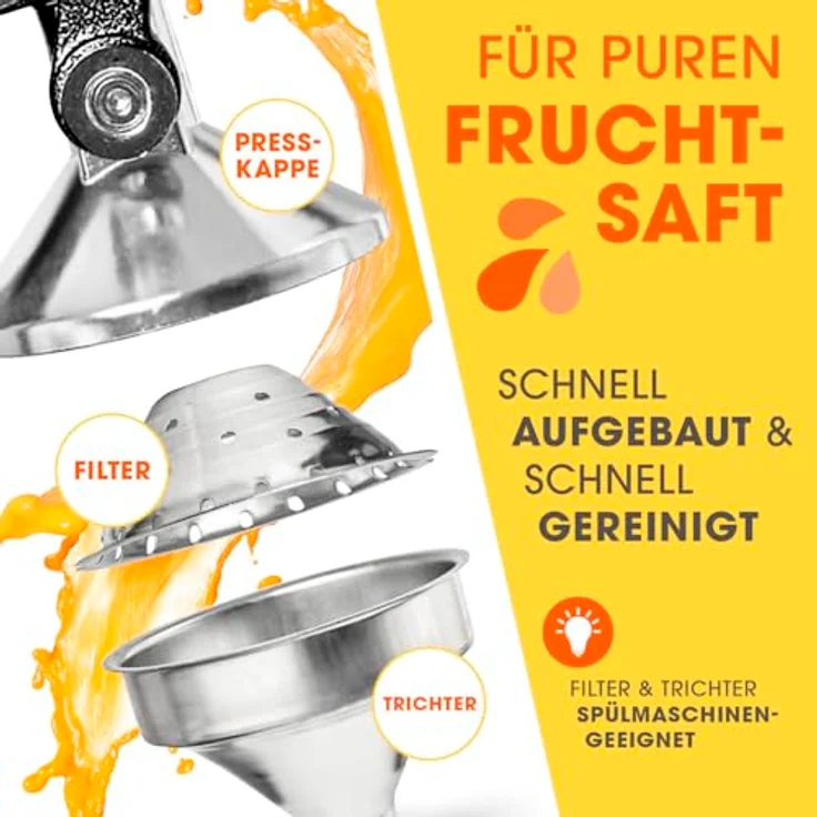 Lumaland Entsafter | Gusseisen Handpresse – müheloses Entsaften von Zitrusfrüchten | Leise Orangenpresse für Gemüse und Obst | Slow Juicer – pflegeleicht | Schwarz – Bild 5