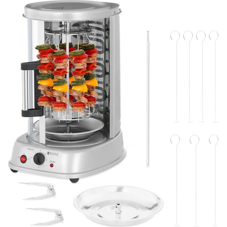 Royal VKB Catering Verticale Grill, Tischgrill aus Aluminium und Edelstahl, 1500 W, Silber, mit Zeitschaltuhr und abnehmbarem Griff