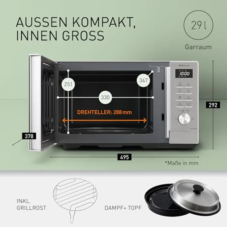 Panasonic NN-GD39QSEPG Grill-Mikrowelle mit Steam+ Topf, 29 l, 1000 W, automatisches Auftauen, Kombinationsgaren, Silber & Edelstahl – Bild 3