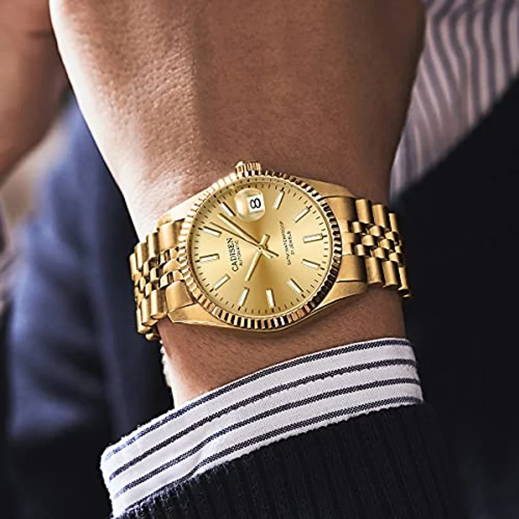 CADISEN Herren Automatik Uhr, elegante mechanische Armbanduhr mit Saphirglas, wasserdicht bis 50 m, Edelstahlarmband, gold – Bild 5