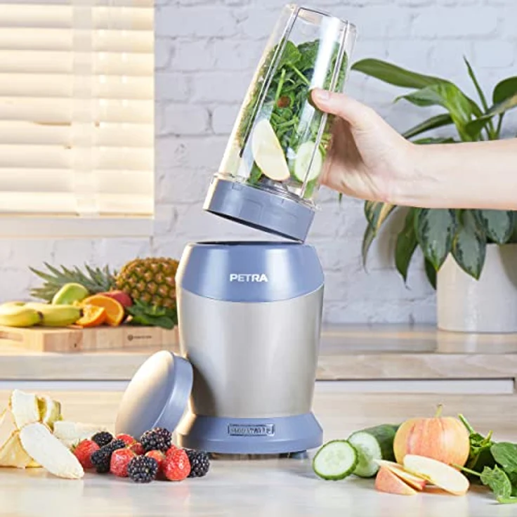 Petra PT2002V4SILVERVDEEU7 NutriMax Mehrzweck-Smoothie-Kaffeemaschine, Saftmixer, 2 Mischbehälter (800 ml/1 l), Trinkverschluss, Aufbewahrungsdeckel inklusive, BPA-frei, Cocktailmischer, 1000W – Bild 3
