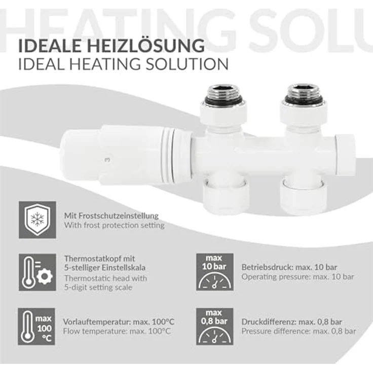 ECD Germany Ventil-Armaturen Set Multiblock, Weiß, inkl. Thermostatkopf für Badheizkörper mit Mittelanschluss, Anschlussgarnitur für Zweirohr-Zentralheizung, einfache Montage – Bild 4