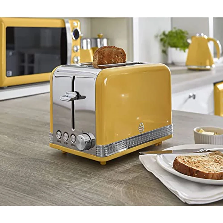 Swan Retro Set Frühstückswasserkocher Gelb, 1,8 Liter mit 360° drehbarem Sockel und Toaster mit 6 Toaststufen – Bild 3