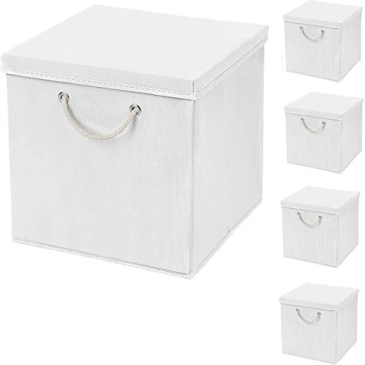 CM3 5 Stück Weiß Faltbox 30 x 30 x 30 cm Aufbewahrungsbox faltbar mit Kordel und mit Deckel