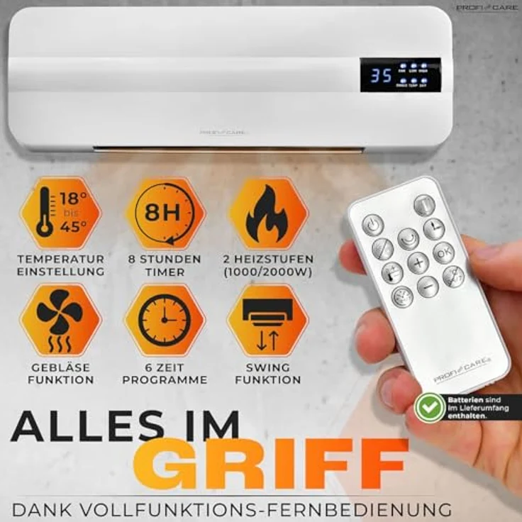 ProfiCare® Wand Heizlüfter mit Fenster-Offen-Erkennung | Heizkörper für bis zu 60qm | Elektroheizung für Wandmontage inkl. Montagematerial | Heizung mit 1,5m Kabel, Fernbedienung & Timer | PC HL 3116 – Bild 3
