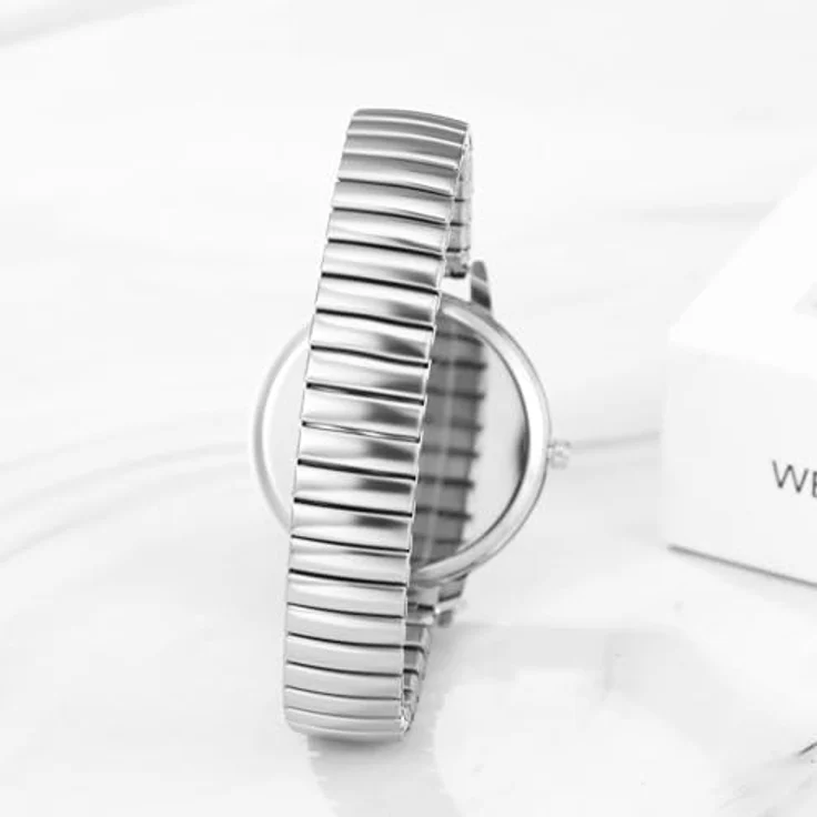 JewelryWe Damenuhr, elastische Uhr für Senioren, Silber Analog Quarz mit großem Zifferblatt und elastischem Edelstahlzugarmband – Bild 4