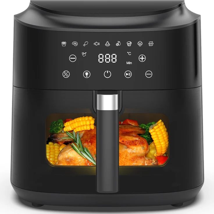 Aoucheni Airfryer 9L XL Heißluftfritteuse mit Digital-Touchscreen, 2350 W, 9 voreingestellten Programmen, Sichtfenster mit Beleuchtung und fettarmem Kochen