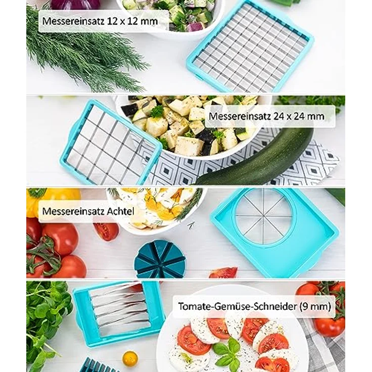 Nicer Dicer Chef Professional Gemüsescheider 23-tlg. Gemüsehobel manuell mit 5.2L großem Auffangbehälter Frischhaltedeckel, Spiraleinsätze, Tomatenschneider, Julienne, Salatschneider mit Rezeptbuch – Bild 3