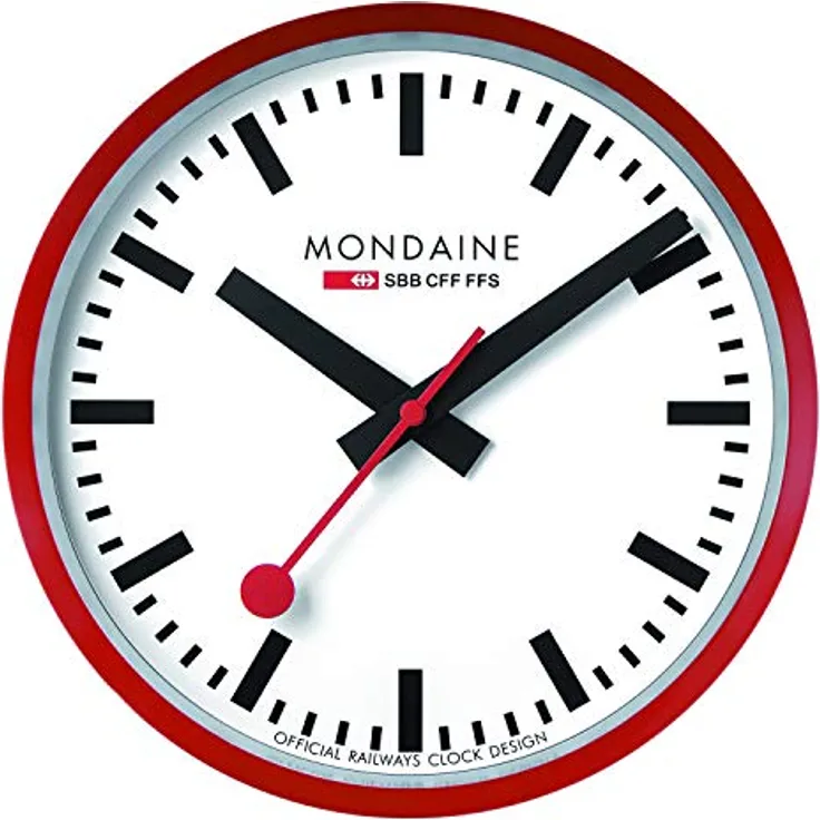 Mondaine Wanduhr A990.Clock.11SBC 25cm - Bahnhofsuhr in Rot aus Aluminium mit rotem Sekundenzeiger staubbeständig