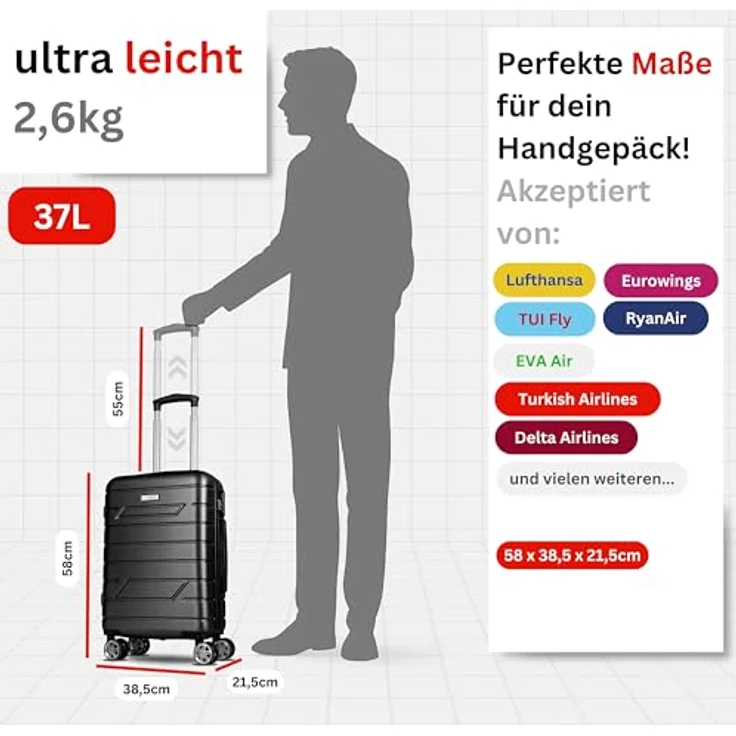 NOWI Bergamo 4 Rollen Kabinentrolley, 56 cm, schwarz, 100% ABS, kompakt (39x22 cm) – Bild 3