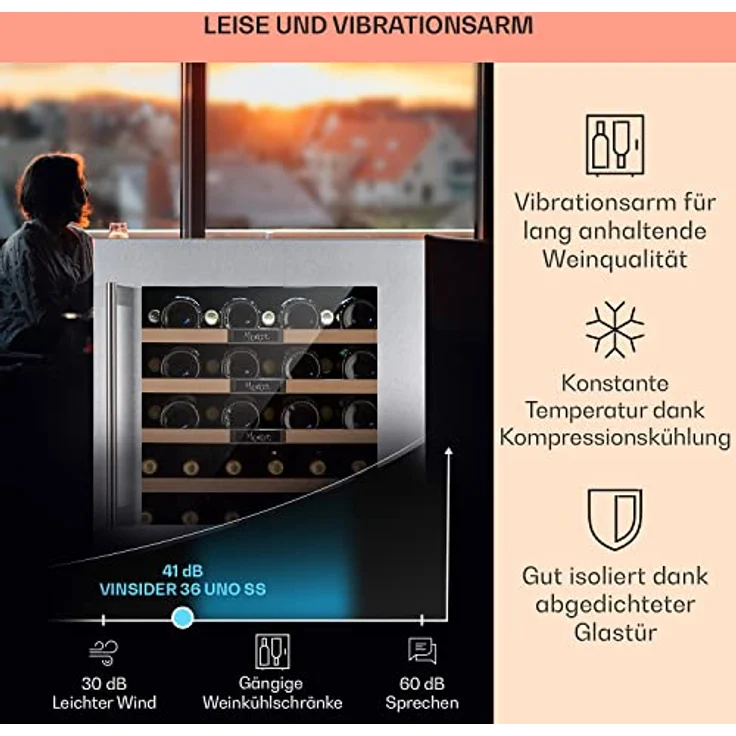 Klarstein Vinsider 36 Built-In Uno Weinkühlschrank, Einbau, edelstahl, 36 Flaschen, Energieklasse G – Bild 5