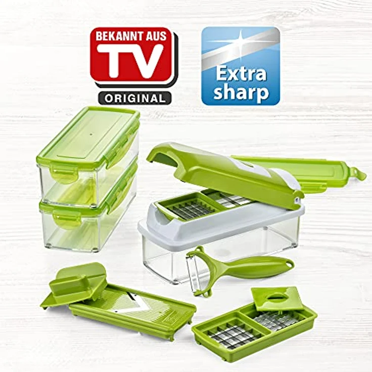 Genius Nicer Dicer Smart | 13 Teile | Gemüseschneider | Zwiebelschneider | Schneiden - Würfeln - Hobeln - Stifteln - Schälen - Aufbewahren | Mandoline | Multischneider | Gemüsehobel | Obstschneider | NEU – Bild 2
