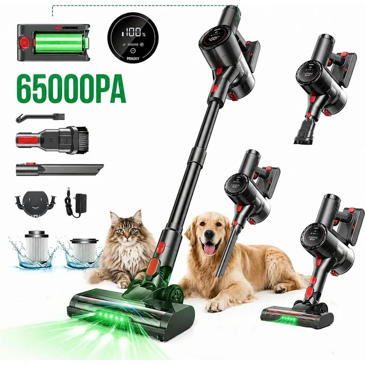 PRASKY Akku-Hand-und Stielstaubsauger, Kabelloser Tierhaar Staubsauger mit 550 W, HEPA Filter, 2200 mAh Akku, LED Beleuchtung, leicht und faltbar
