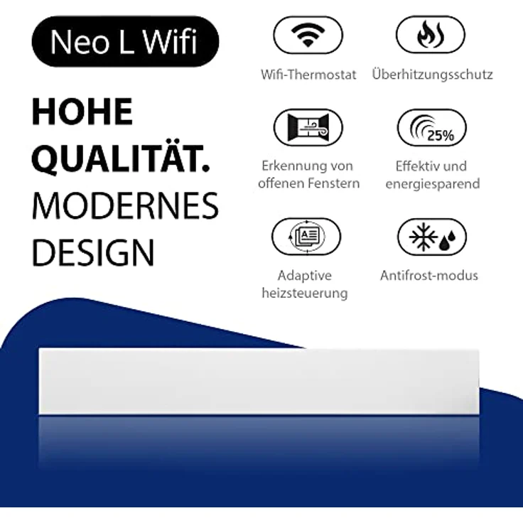Adax Neo L - Intelligente Wifi Wandkonvektor | Heizkörper Elektrisch | Smartphone-Steuerung | Elektroheizung Energiesparend | Höhe 210mm | Heizung Elektrisch | 1000W | KWT Weiß | IP24C, Class II – Bild 2