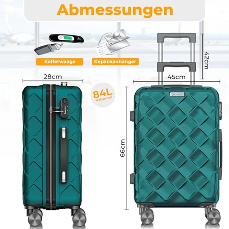 KESSER® Reisekoffer 84L ABS Hartschalenkoffer mit Zahlenschloss, Kofferwaage & Reisebrieftasche, 360° Rollen, Rollkoffer für Business & Reise in Petrol Teal – Bild 2