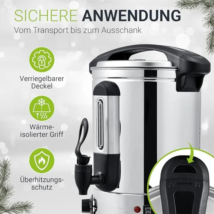 Juskys 51007 Teramo Glühweinkocher, Einkochautomat, 1500 Watt, 7 Liter, elektrisch, mit Zapfhahn, Thermostat, Überhitzungsschutz, Edelstahl – Bild 6