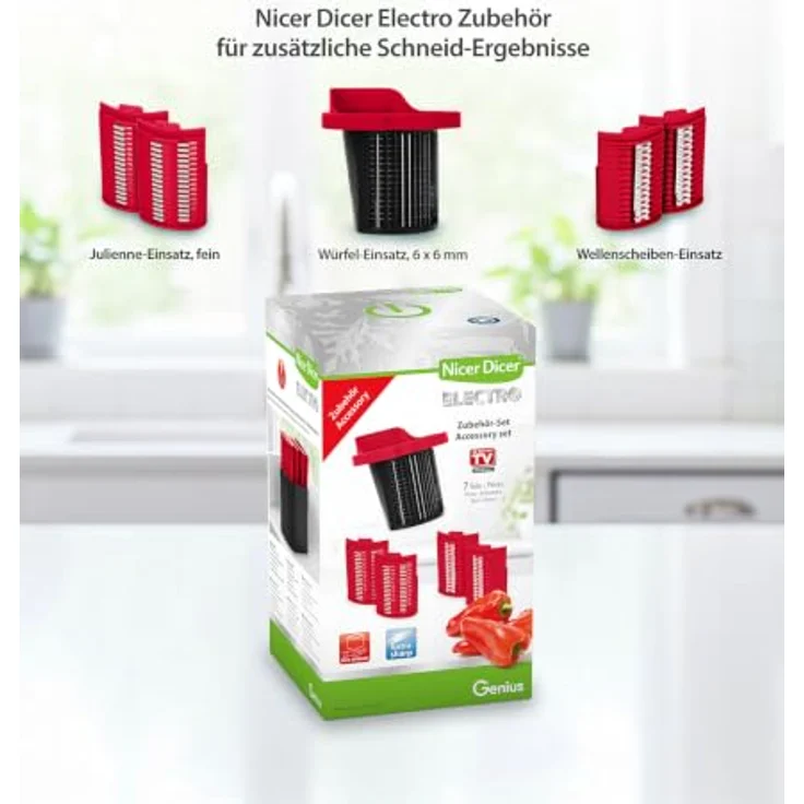 Genius Nicer Dicer Electro Zubehörset, 7-tlg. mit 3 Einsätzen für feine Würfel, Wellenschnitte und Julienne stijlvolle: Tests, Infos & Preisvergleich