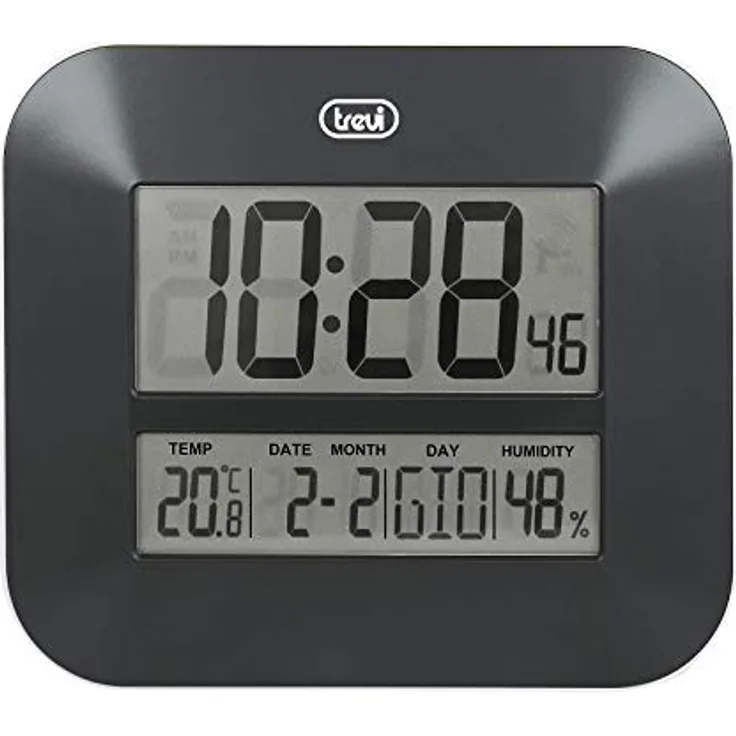 Trevi OM 3520 D, Digitale Wanduhr mit LCD-Display, Kalender, Temperatur- und Luftfeuchtigkeitsanzeige, Schwarz, 27 x 23,5 x 3 cm