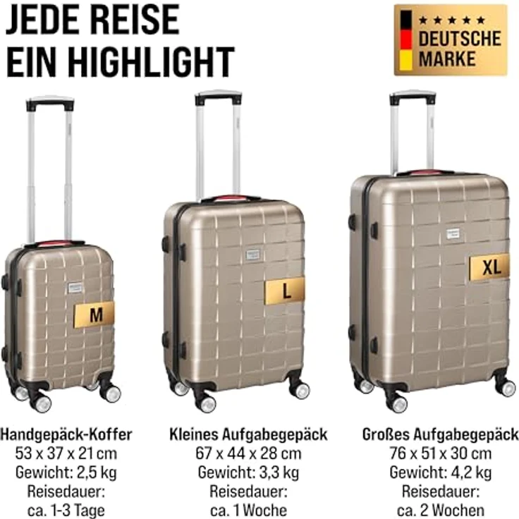 Monzana 3tlg Kofferset TSA Schloss Organizer Kofferwaage Gel-Griffe Zwillingsrollen Standfüße Trolley Reisekoffer Hartschale Koffer M-L-XL Champagner – Bild 4