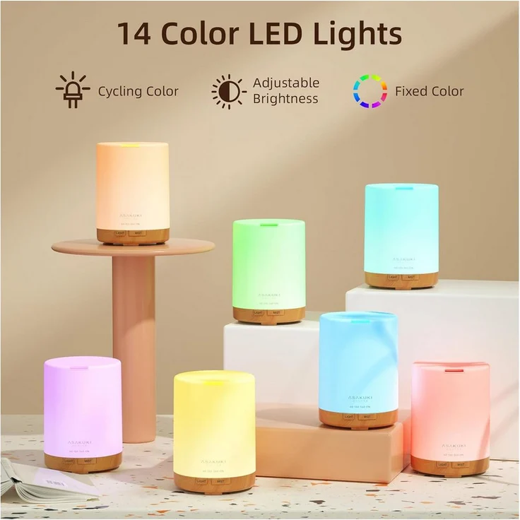 Asakuki Diffuser Dew Plus 100-DF002, Ultraschall-Aromatherapie-Diffusor mit 0,3 l Wassertank, 14 LED-Farben, luftbefeuchtend und -reinigen