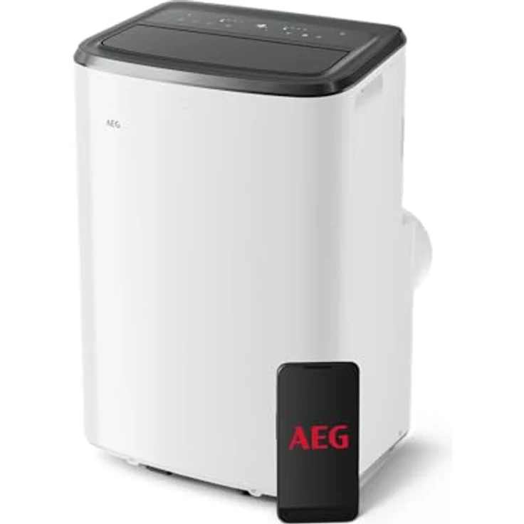 AEG Comfort 6000 AXP26U339CW mobiles Klimagerät, 30-40 m², LED-Display, Touch-Bedienung, App-Steuerung, Kühl-, Ventilator- und Entfeuchtungsfunktion, 64 dB(A), weiß/schwarz – Bild 1