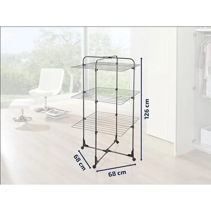 Leifheit Turmtrockner Classic Tower 270 Black Edition mit Rollen, 27m Leinenlänge für 2-3 Wäscheladungen, platzsparender Wäscheturm, halbseitig abklappbarer Turmwäscheständer für die Dusche, schwarz – Bild 4
