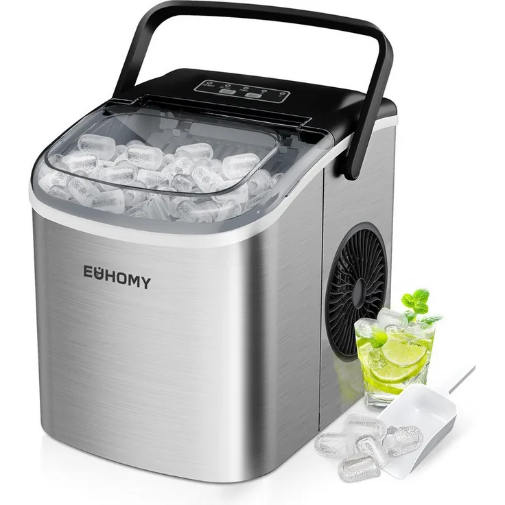EUHOMY Eiswürfelmaschine, Kleine Eiswürfelmaschine mit 9 Eiswürfeln in 6 Minuten, 12 kg/24 Stunden, selbstreinigend, tragbar für Zuhause, Büro und Bar