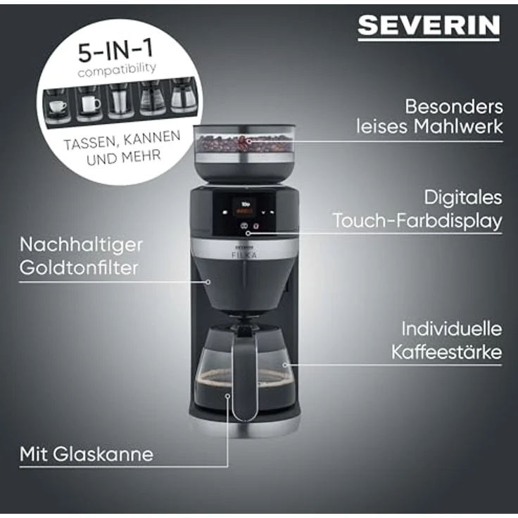 SEVERIN Filterkaffee-Vollautomat FILKA KA 9694, Edelstahl, gebürstetmattschwarzsilber, 10 Tassen Kapazität – Bild 3