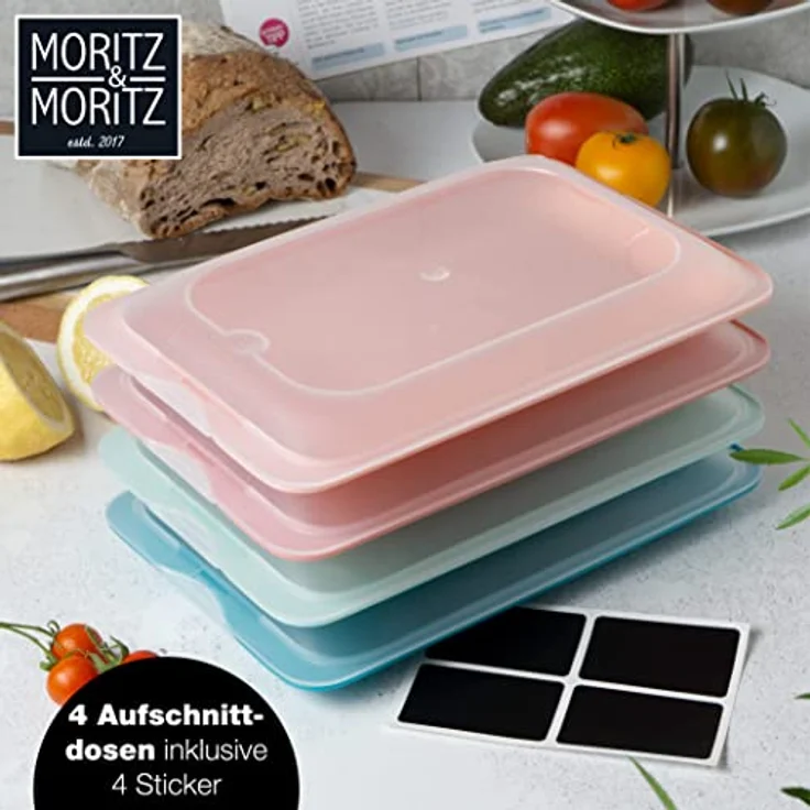 Moritz & Moritz 4er Set Aufschnittbox stapelbar – Frischhaltedosen mit Deckel zur Aufbewahrung von Wurst, Käse, uvm. – inkl. Tafelsticker zum Beschriften, in edlen Grautönen - Preisvergleich – Bild 2