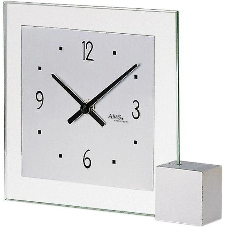 AMS Tischuhr T102, Quarzuhr mit silberlackiertem Holzsockel für Wohnzimmer und Esszimmer, Made in Germany