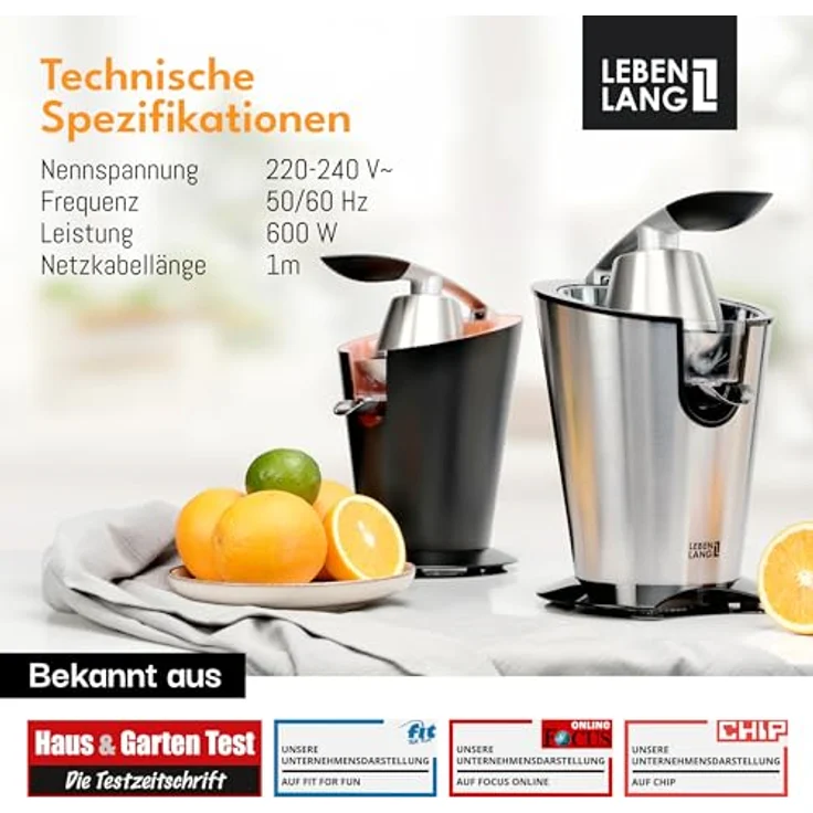 Leben Lang Zitruspresse 600W, elektrische Saftpresse mit Hebel und zwei Presskegeln für Zitronen und Orangen, BPA-frei und spülmaschinenfest – Bild 6