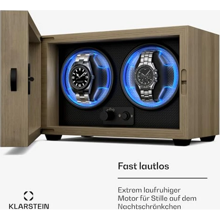 Klarstein Uhrenbeweger Brienz, eleganter Uhrenkasten für 2 Uhren mit Holz-Optik und blauer LED-Beleuchtung, 4 Rotationsmodi – Bild 4