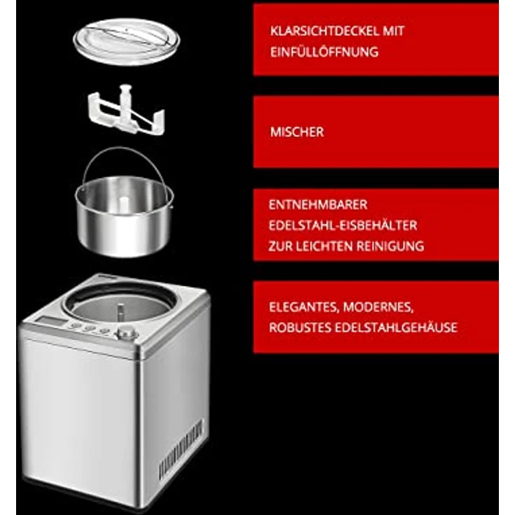 Unold 48980 Eismaschine Profi Plus inkl. Eisbuch mit 101 Rezepten | Speiseeisbereiter 2.5 L, Edelstahl, vollautomatischer, selbstkühlender Kompressor, 250 W – Bild 4