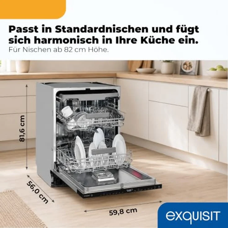 Exquisit EGSP59316-E-450C, Vollintegrierbarer Geschirrspüler für 16 Maßgedecke, Energieklasse C, 8 Programme, Aquastop, Besteckschublade, Extra-Trocknung, Schwarz – Bild 3