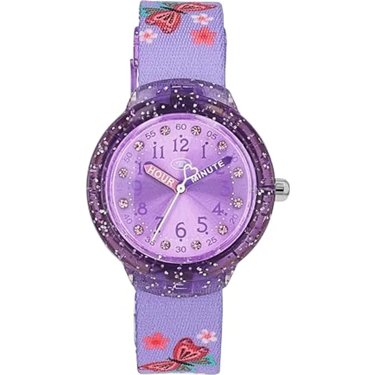 Tom Tailor Armbanduhr für Mädchen, Textilband mit Kristall, pink, wasserdicht bis 3 bar, Schmetterling, in Geschenkbox, 2100710