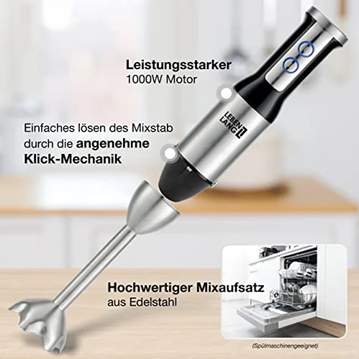 LEBENLANG 1000W Stabmixer Edelstahl - Mit Spritzschutz und 8 Stufen plus Turbo | Hochwertiger Pürierstab Edelstahl und Mixstab | Küche Zauberstab | Hand blender Rührstab Stick - Mixer 1000 watt – Bild 2