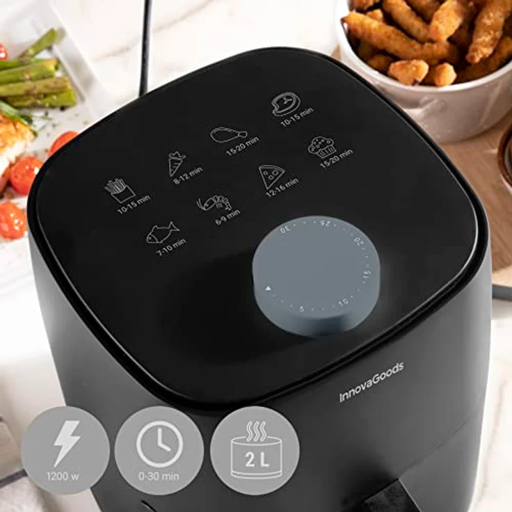 InnovaGoods® Heißluftfritteuse 2L airfryer 1200W mit +100 Rezepten auf Deutsch heissluftfriteuse mit Antihaft-Korb zeitschaltuhr und 360° Luftstrom air fryers für 1-2 Personen, air fryer farbe schwarz – Bild 2