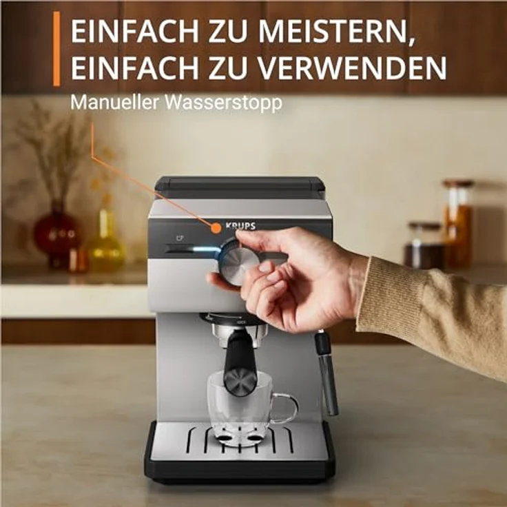 Krups XP381B Authentic Espressomaschine Siebträger, Kaffeemaschine in Fair Grey, 15 bar Pumpendruck, Milch-Aufschäumdüse, 2 L Wassertank – Bild 4