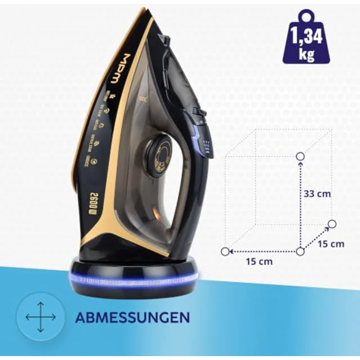 MPM MZE-26 Kabelloses Dampfbügeleisen 2600W mit Keramiksohle, 42 Dampfdüsen, Anti-Drip, Anti-Calc, Self-Clean, 300ml Wassertank, Temperaturregelung, Schwarz/Gold – Bild 8