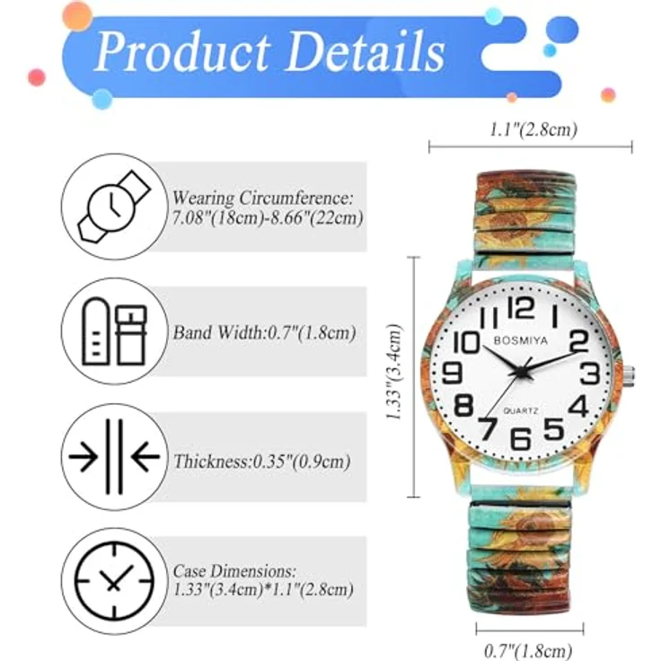 JewelryWe Damenuhr Boho Elastische Armbanduhr, Analog Quarz mit Van Goghs Sonnenblumen, Edelstahl Stretcharmband, große Ziffern, für Handgelenke 18-22 cm, mit 1ATM Wasserschutz – Bild 3